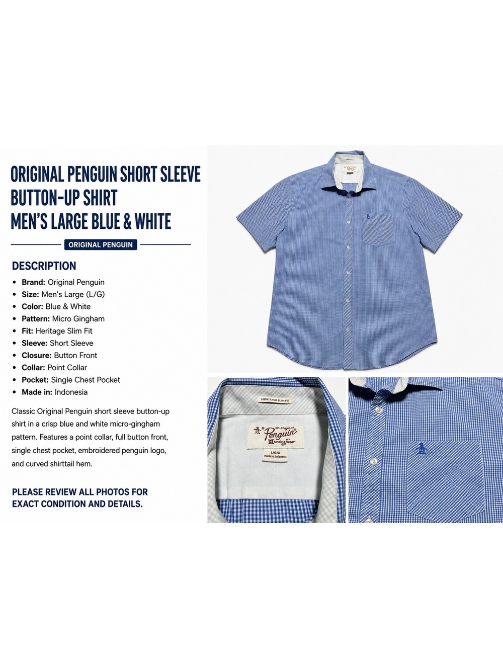 Original Penguin Mens L Shirt Blue White Gingham Heritage Slim Fit Short Sleeve